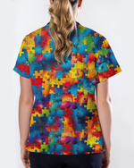 Tie-Dye Autism Awareness Puzzle Nurse Scrub Top - Scrubloop