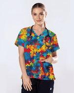 Tie-Dye Autism Awareness Puzzle Nurse Scrub Top - Scrubloop