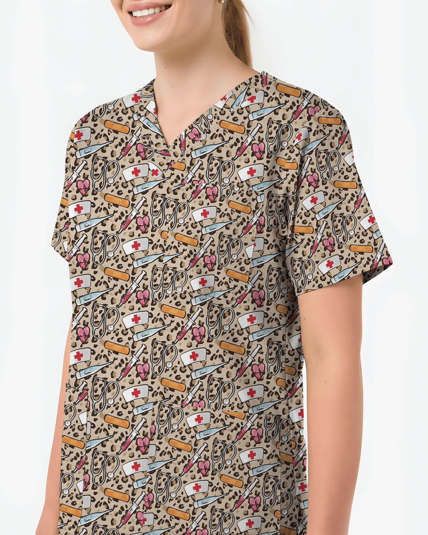 Trendy Leopard Print Nurse Essentials Scrub Top - Scrubloop