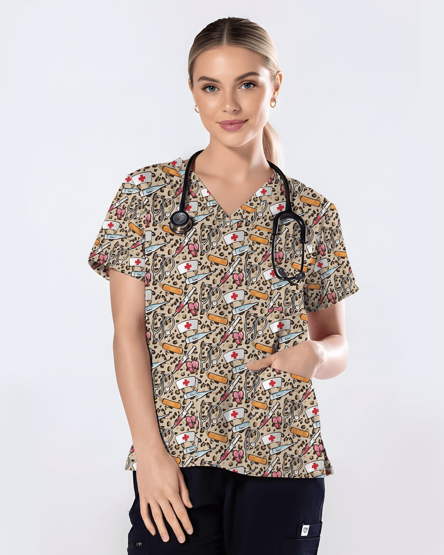 Trendy Leopard Print Nurse Essentials Scrub Top - Scrubloop