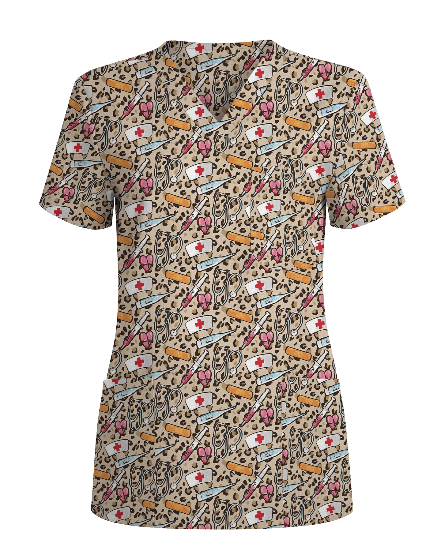 Trendy Leopard Print Nurse Essentials Scrub Top - Scrubloop