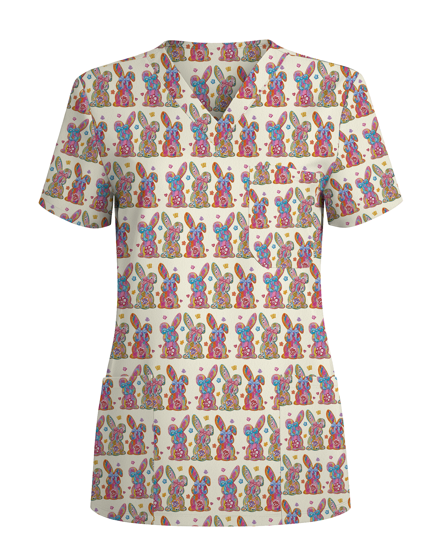 Vibrant Tie Dye Floral Bunny Healthcare Scrub Top - Scrubloop