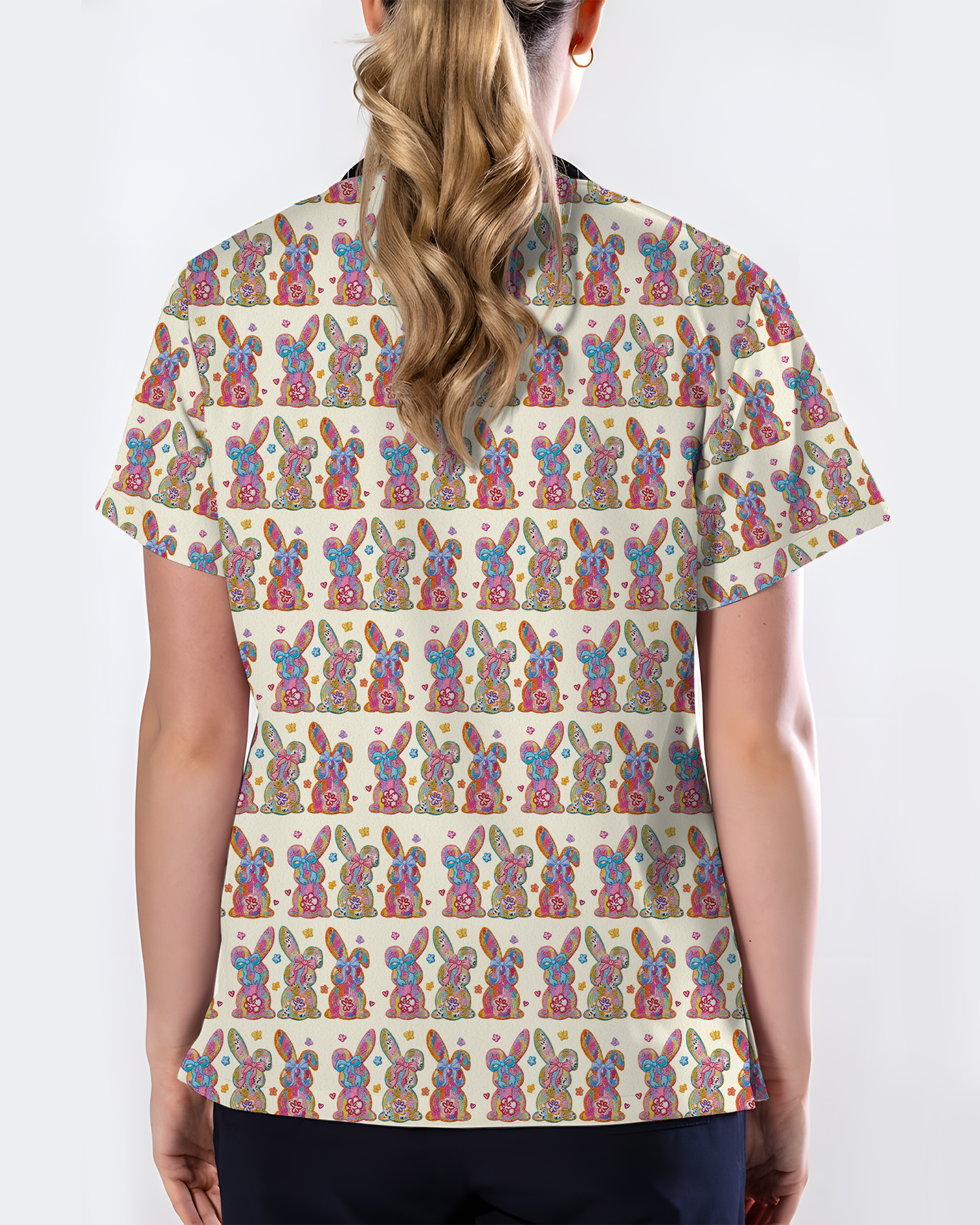 Vibrant Tie Dye Floral Bunny Healthcare Scrub Top - Scrubloop