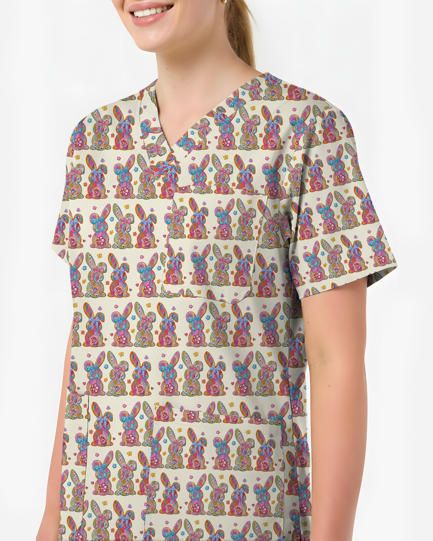 Vibrant Tie Dye Floral Bunny Healthcare Scrub Top - Scrubloop