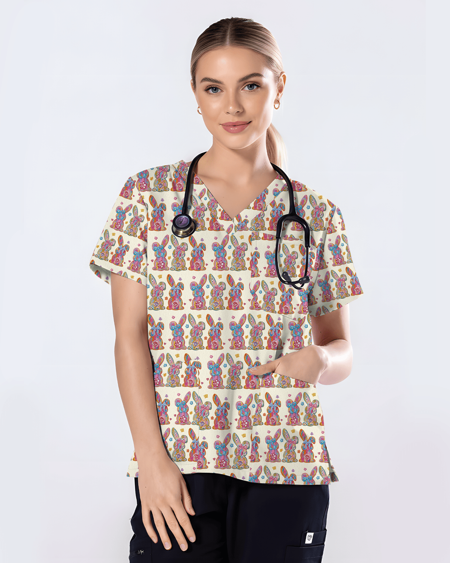 Vibrant Tie Dye Floral Bunny Healthcare Scrub Top - Scrubloop