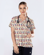 Vibrant Tie Dye Floral Bunny Healthcare Scrub Top - Scrubloop