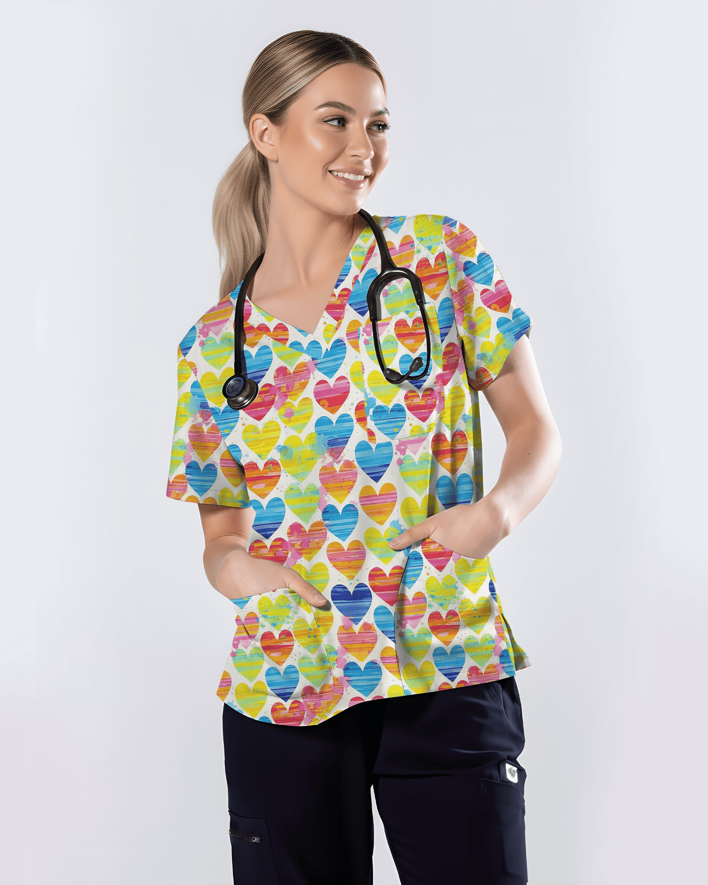 Vibrant Watercolor Hearts Cute Nurse Scrub Top - Scrubloop