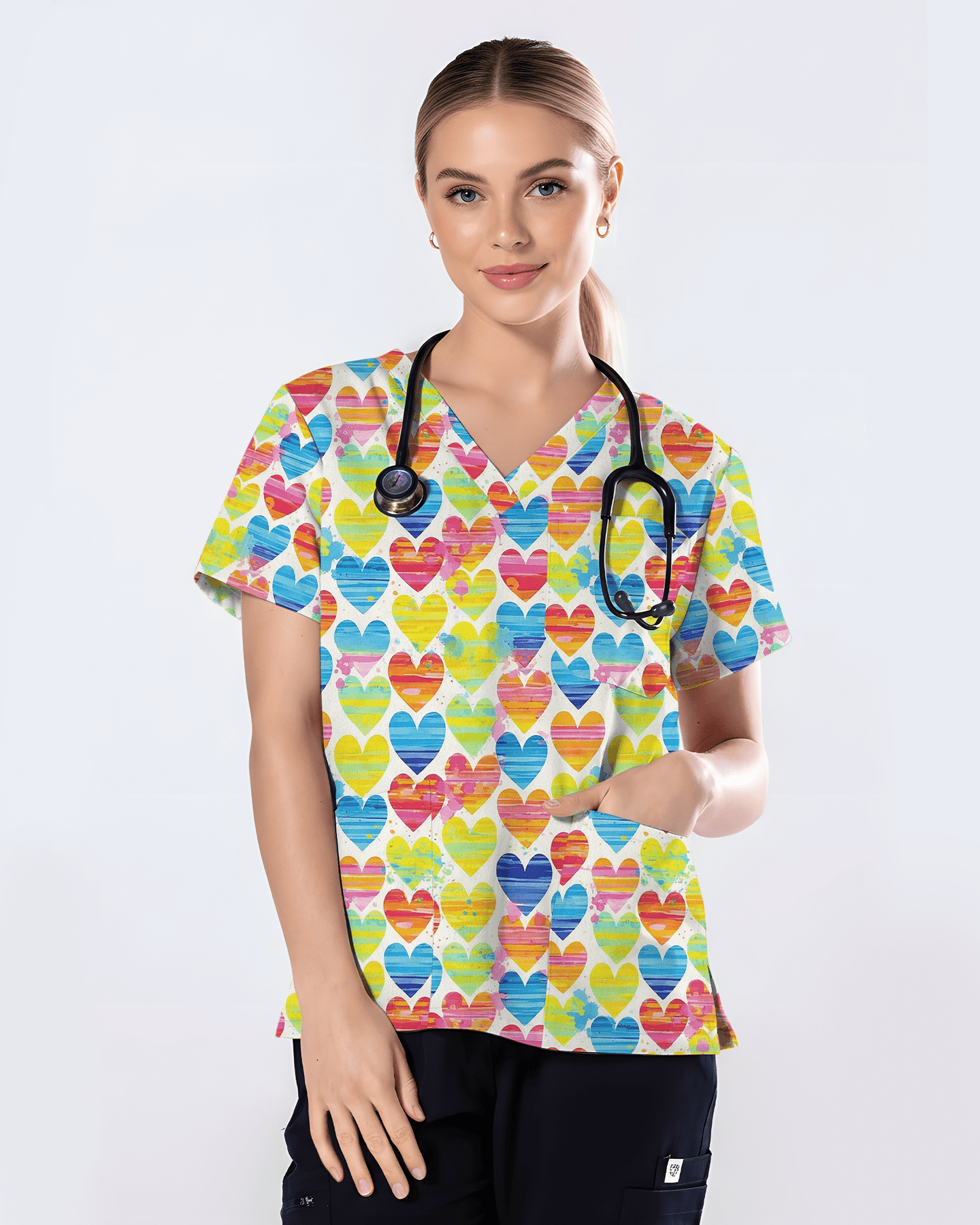 Vibrant Watercolor Hearts Cute Nurse Scrub Top - Scrubloop