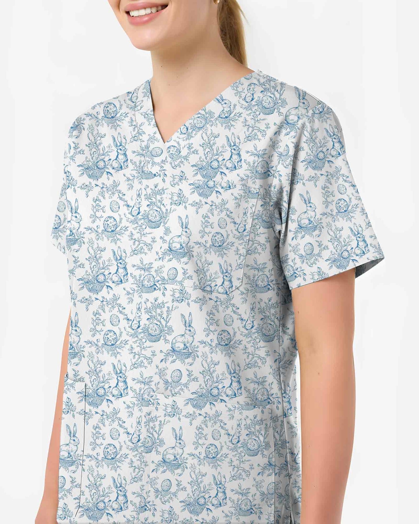 Vintage Blue Toile Easter Bunny Nurse Scrub Top - Scrubloop
