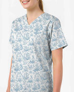 Vintage Blue Toile Easter Bunny Nurse Scrub Top - Scrubloop