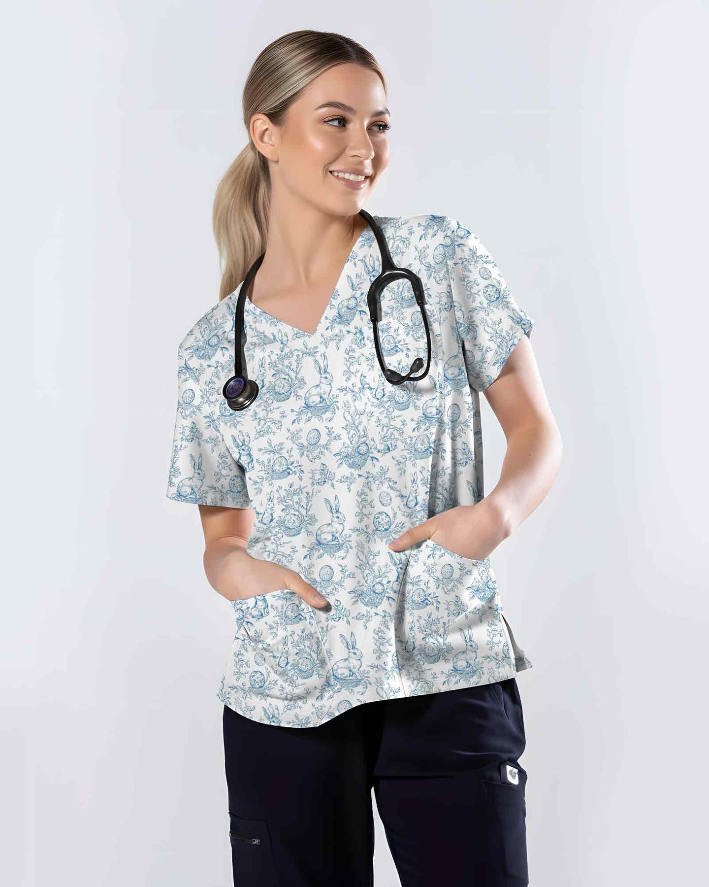 Vintage Blue Toile Easter Bunny Nurse Scrub Top - Scrubloop