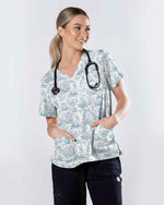 Vintage Blue Toile Easter Bunny Nurse Scrub Top - Scrubloop