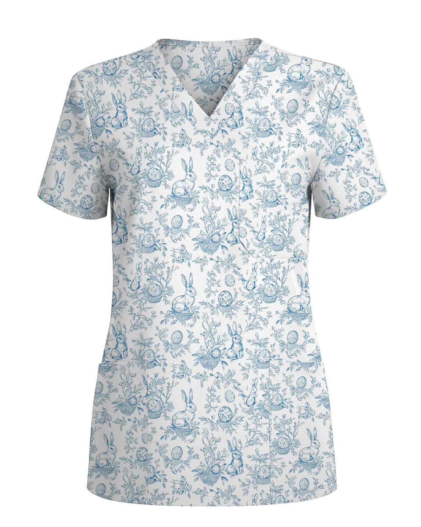 Vintage Blue Toile Easter Bunny Nurse Scrub Top - Scrubloop