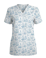 Vintage Blue Toile Easter Bunny Nurse Scrub Top - Scrubloop