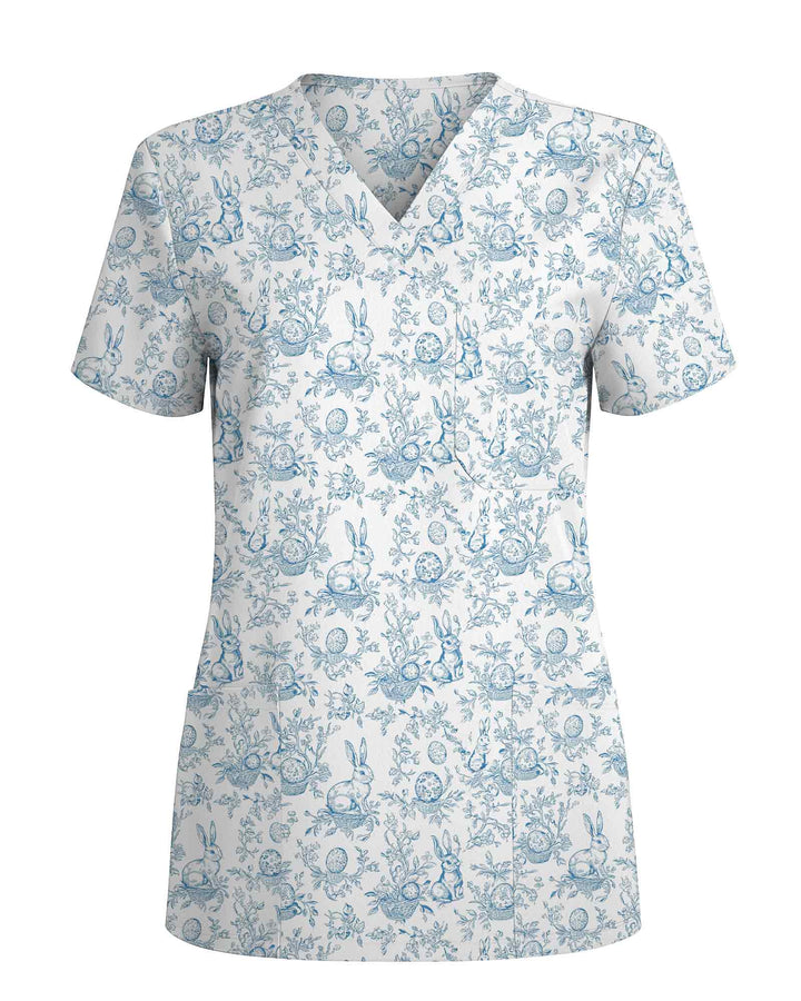 Vintage Blue Toile Easter Bunny Nurse Scrub Top