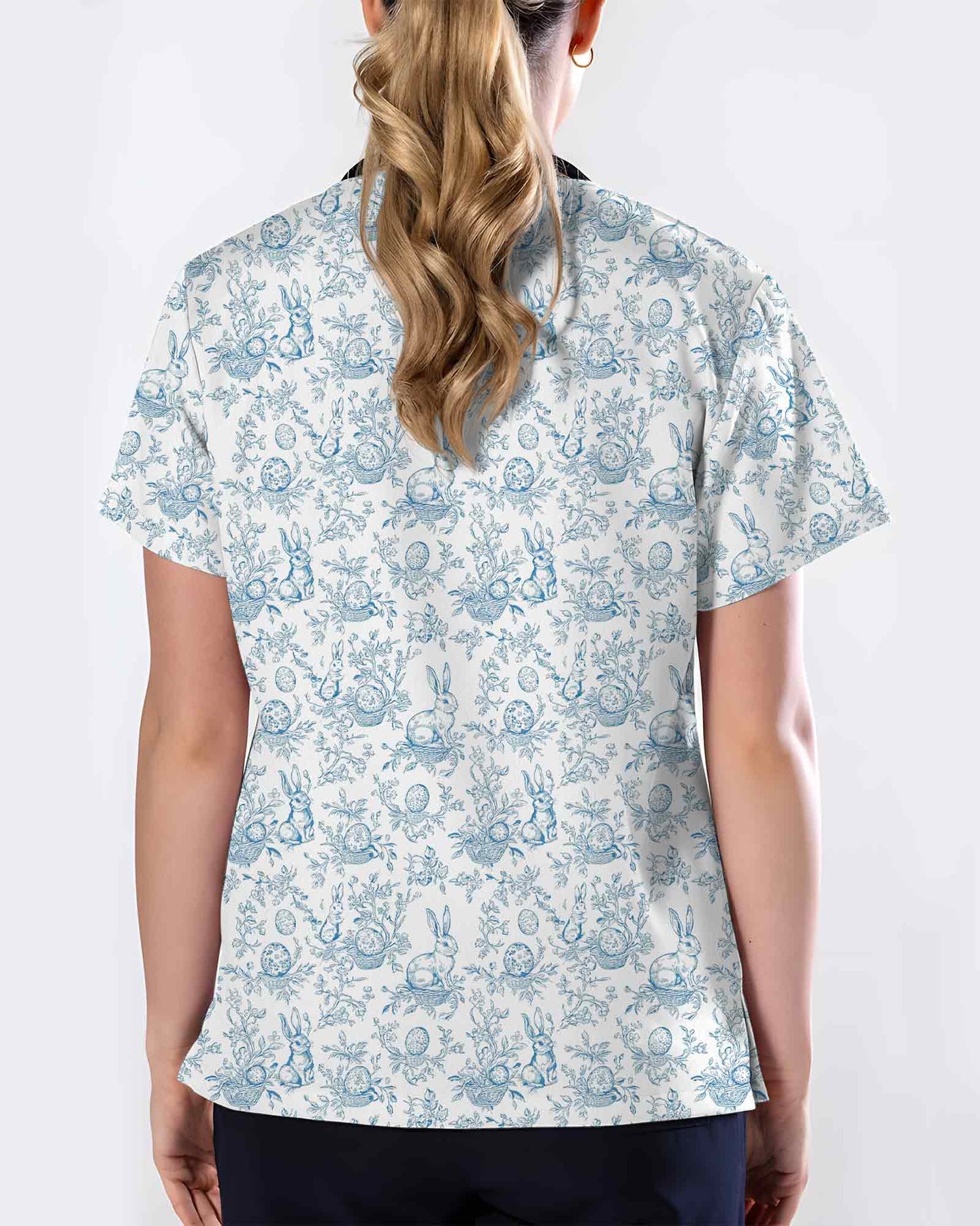Vintage Blue Toile Easter Bunny Nurse Scrub Top - Scrubloop