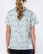 Vintage Blue Toile Easter Bunny Nurse Scrub Top - Scrubloop