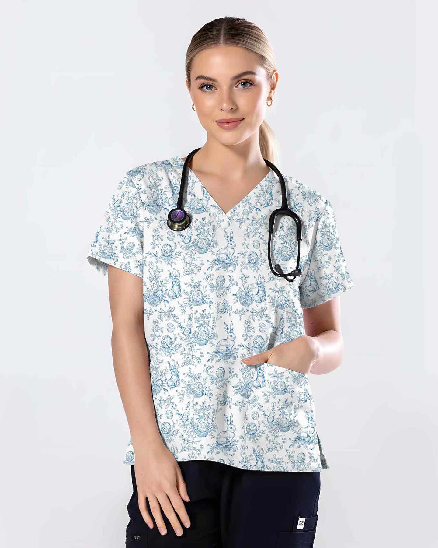 Vintage Blue Toile Easter Bunny Nurse Scrub Top - Scrubloop