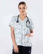 Vintage Blue Toile Easter Bunny Nurse Scrub Top - Scrubloop