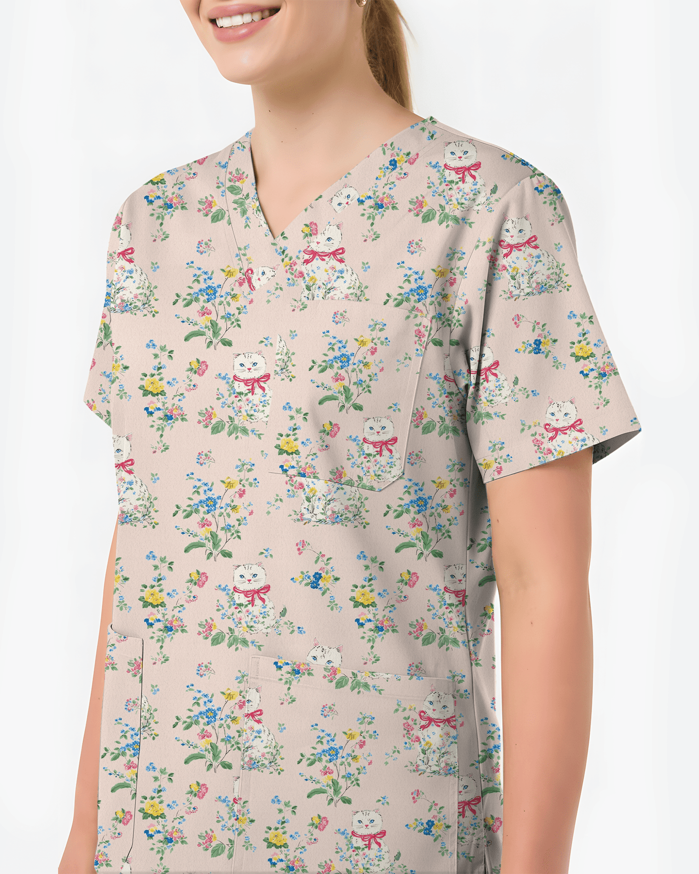 Vintage Coquette White Cat Floral Nurse Scrub Top - Scrubloop