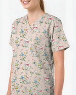 Vintage Coquette White Cat Floral Nurse Scrub Top - Scrubloop