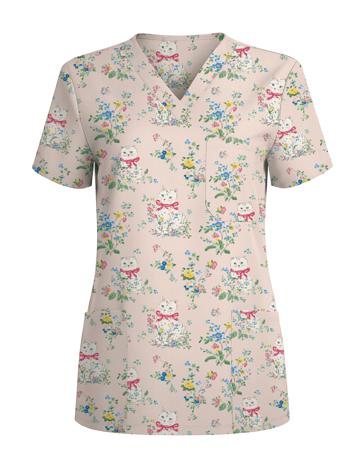 Vintage Coquette White Cat Floral Nurse Scrub Top - Scrubloop