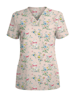 Vintage Coquette White Cat Floral Nurse Scrub Top - Scrubloop