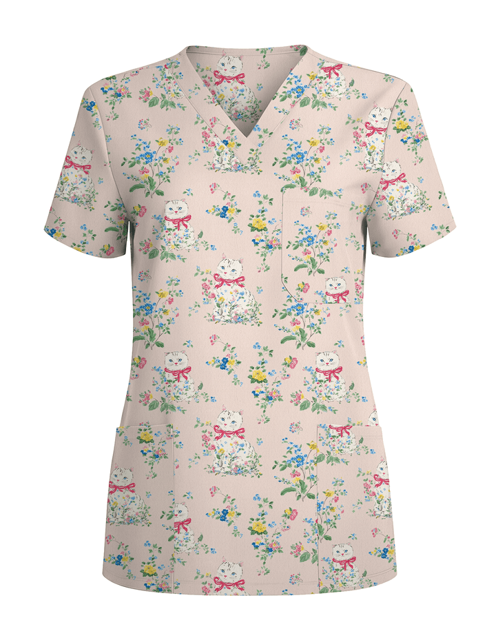 Vintage Coquette White Cat Floral Nurse Scrub Top