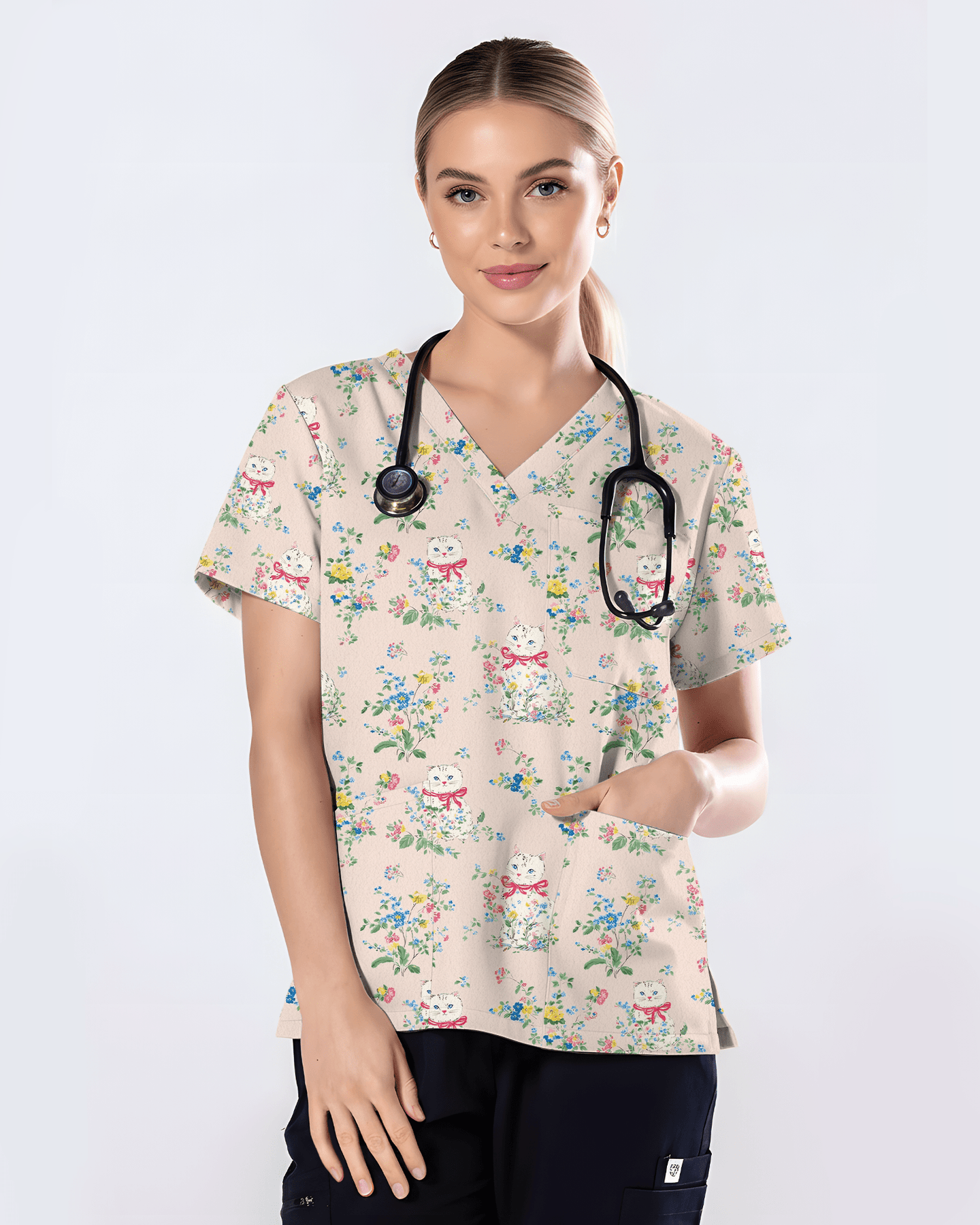 Vintage Coquette White Cat Floral Nurse Scrub Top - Scrubloop