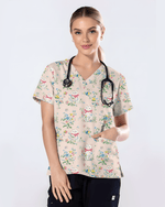 Vintage Coquette White Cat Floral Nurse Scrub Top - Scrubloop