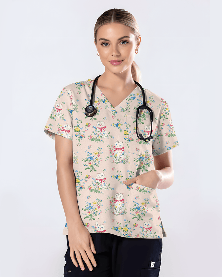 Vintage Coquette White Cat Floral Nurse Scrub Top