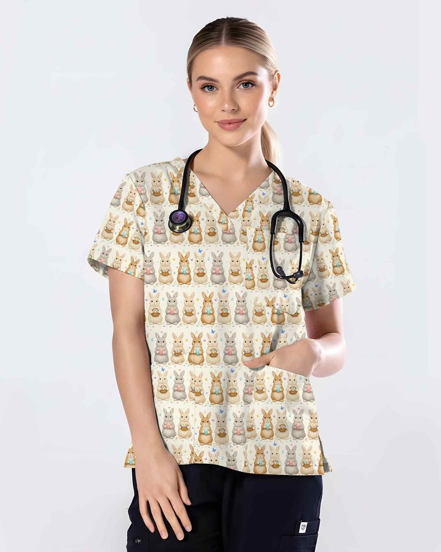 Vintage Easter Bunny Cute Nurse Scrub Top - Scrubloop
