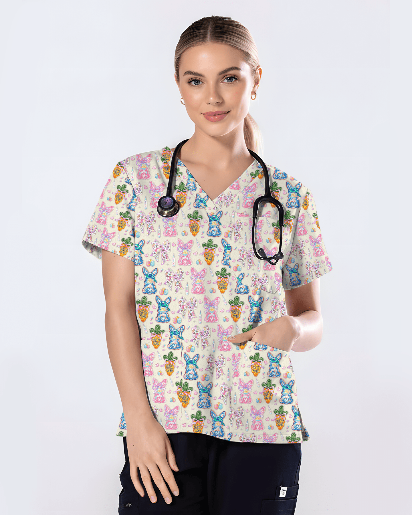 Vintage Floral Bunny Coquette Nurse Scrub Top - Scrubloop
