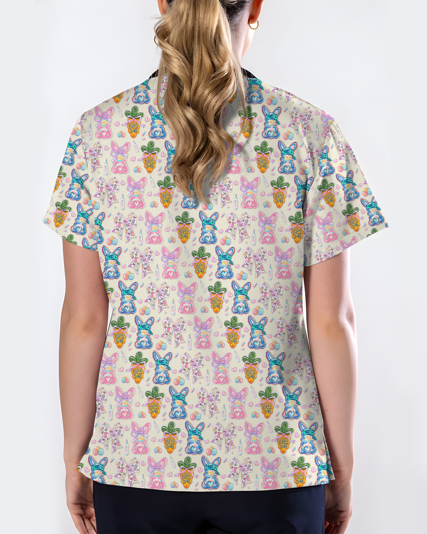 Vintage Floral Bunny Coquette Nurse Scrub Top - Scrubloop