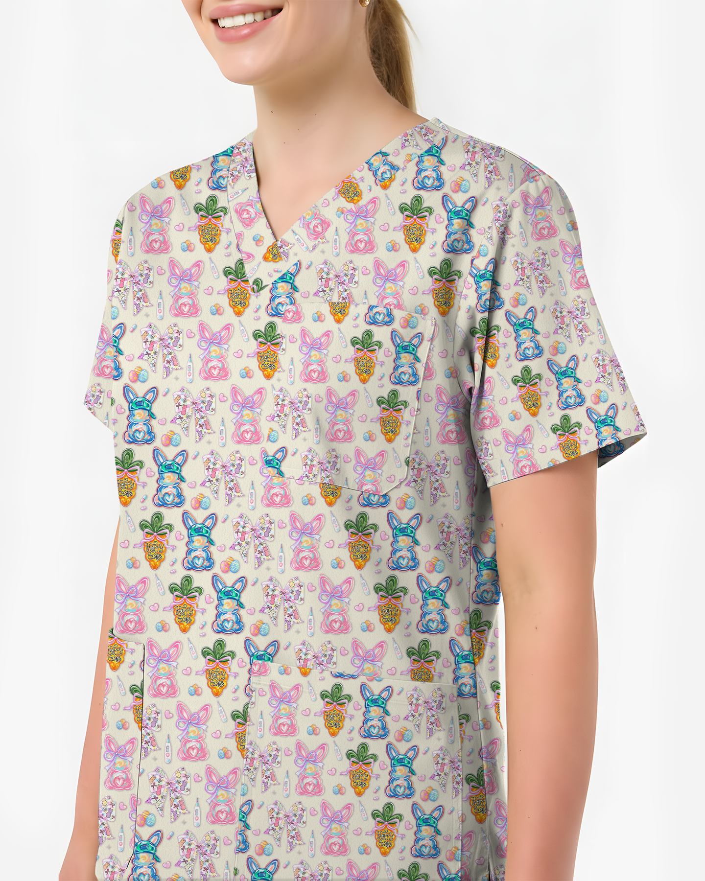 Vintage Floral Bunny Coquette Nurse Scrub Top - Scrubloop