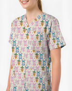 Vintage Floral Bunny Coquette Nurse Scrub Top - Scrubloop