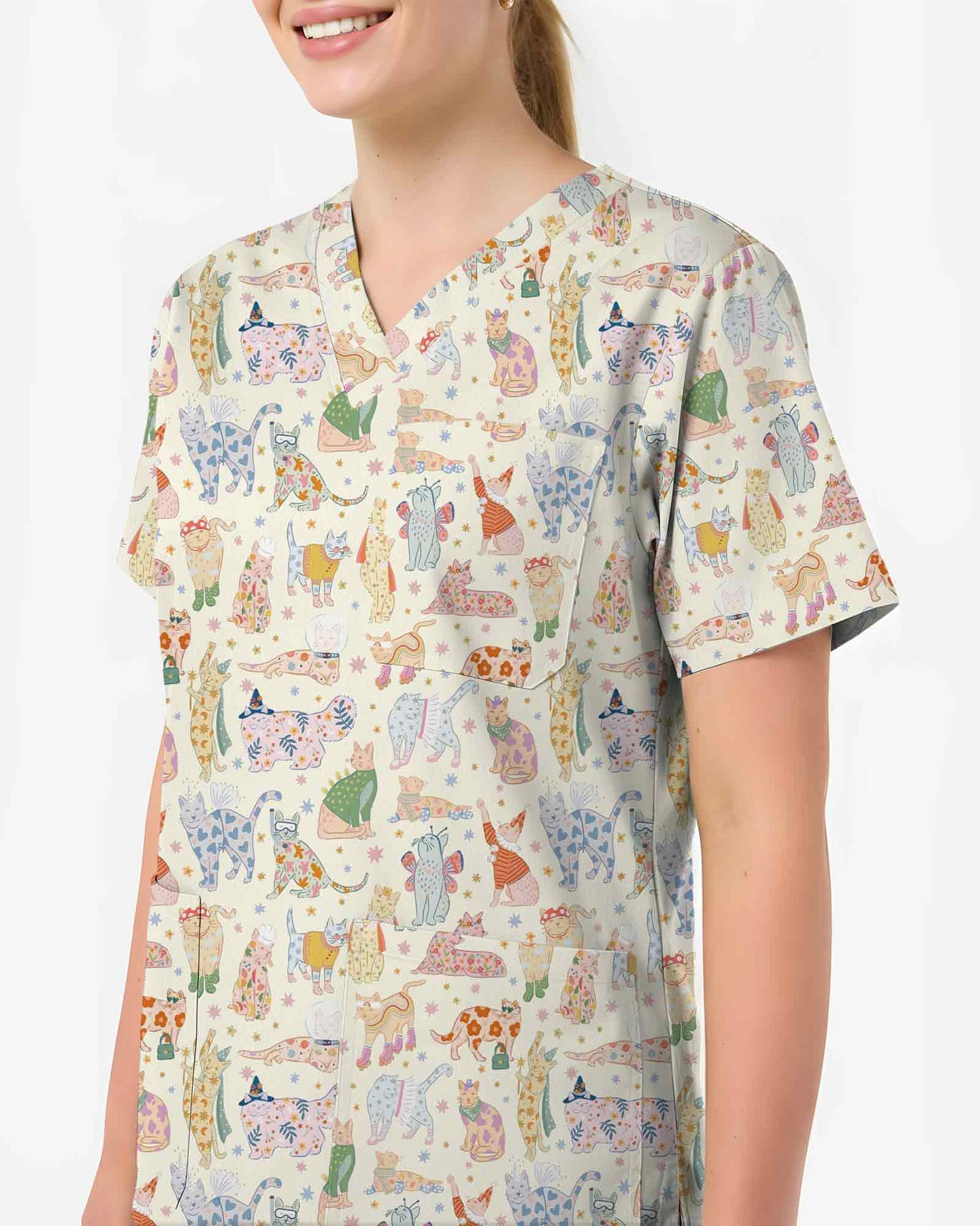 Vintage Party Cats Healthcare Scrub Top - Scrubloop