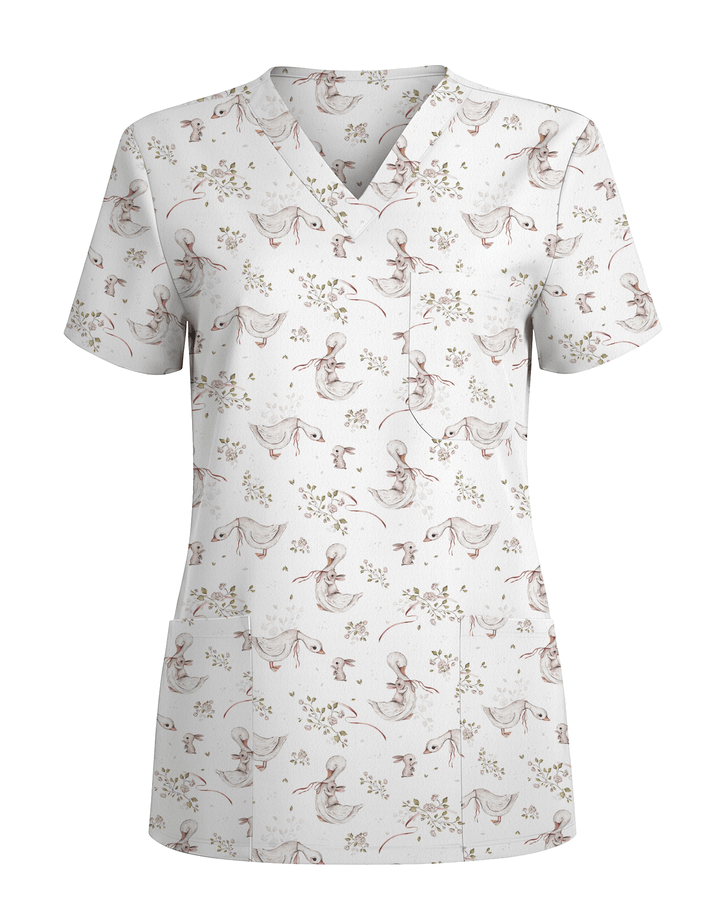 Vintage Watercolor Goose & Bunny Nurse Scrub Top