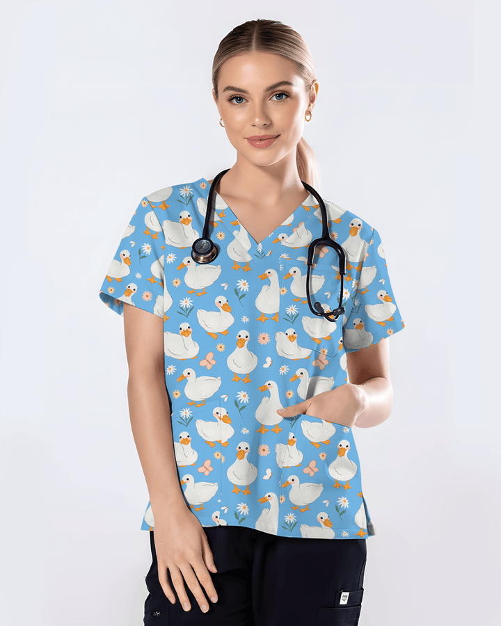 Waddle Ducks Playful Pond Parade Women Scrub Top