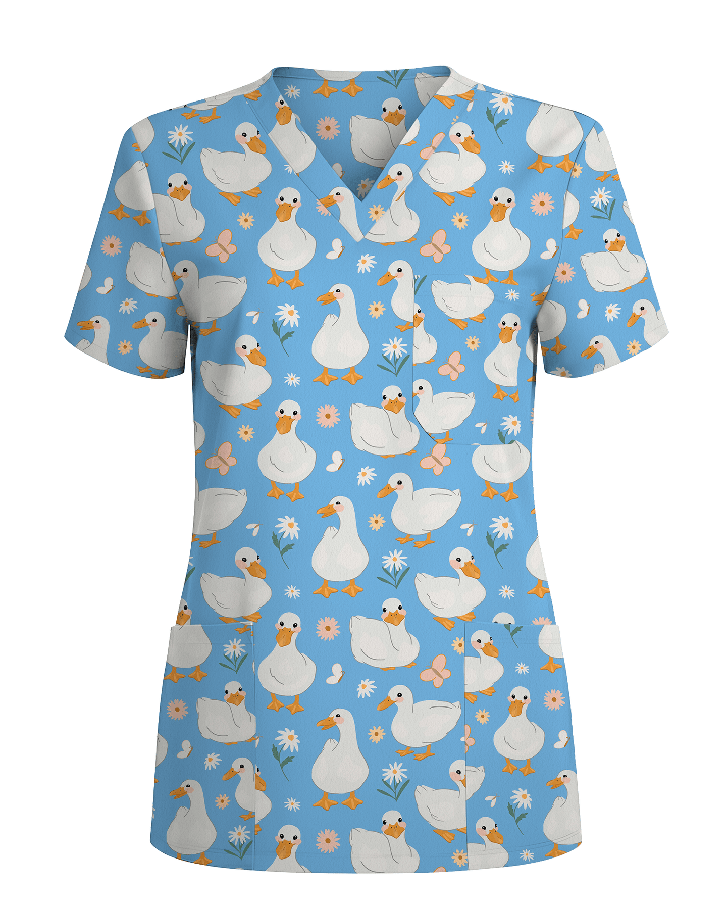 Waddle Ducks Playful Pond Parade Women Scrub Top - Scrubloop