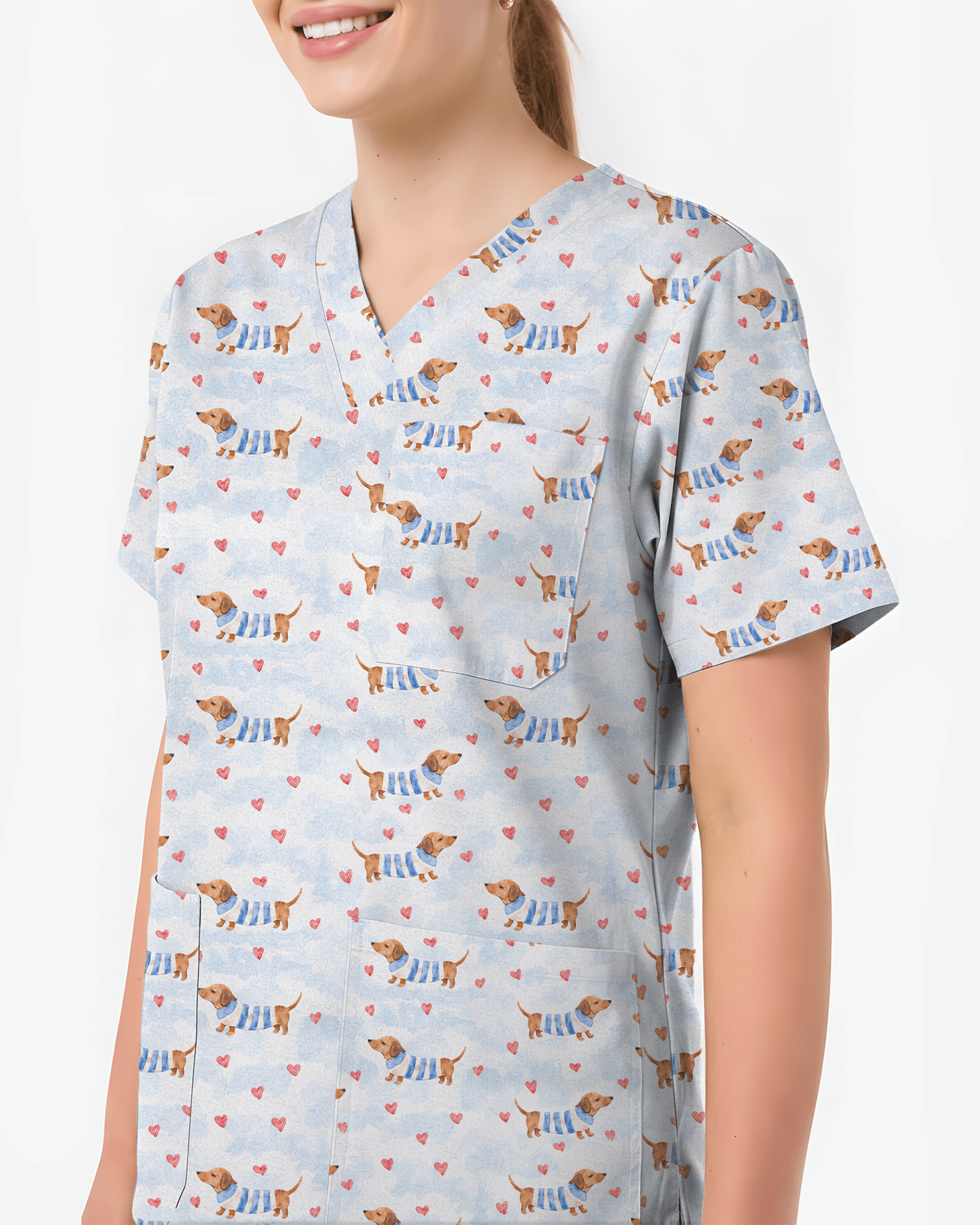 Watercolor Dachshund Blue Stripes Nurse Scrub Top - Scrubloop