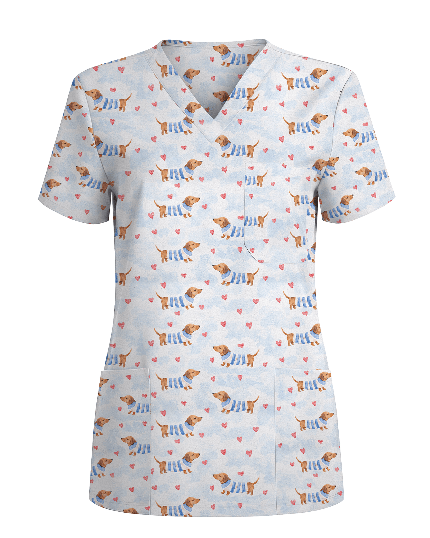 Watercolor Dachshund Blue Stripes Nurse Scrub Top - Scrubloop