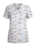 Watercolor Dachshund Blue Stripes Nurse Scrub Top - Scrubloop