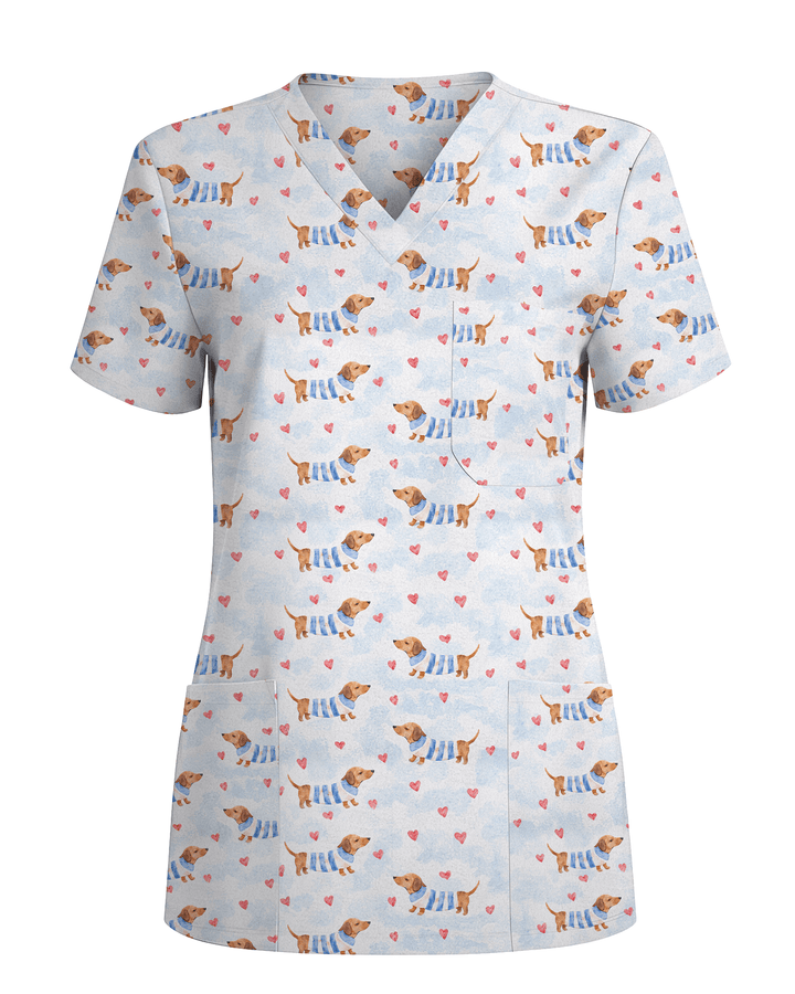 Watercolor Dachshund Blue Stripes Nurse Scrub Top