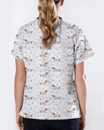 Watercolor Dachshund Blue Stripes Nurse Scrub Top - Scrubloop