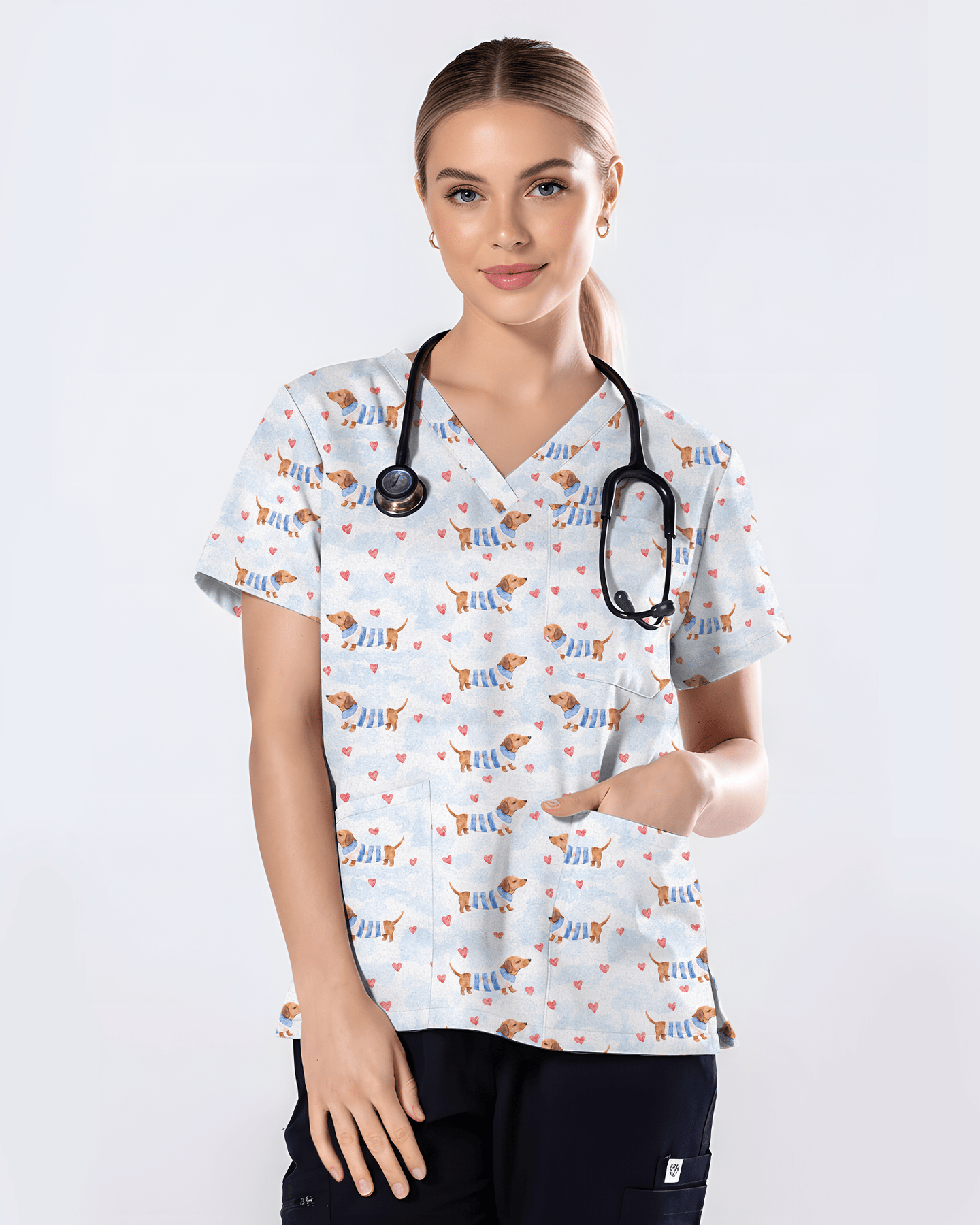 Watercolor Dachshund Blue Stripes Nurse Scrub Top - Scrubloop