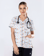 Watercolor Dachshund Blue Stripes Nurse Scrub Top - Scrubloop