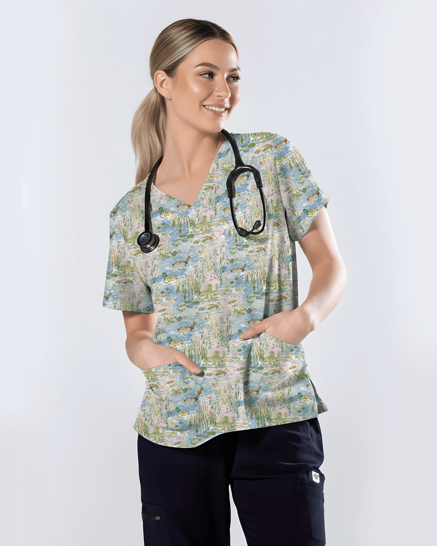 Watercolor Mallard Duck Pond Nurse Scrub Top - Scrubloop