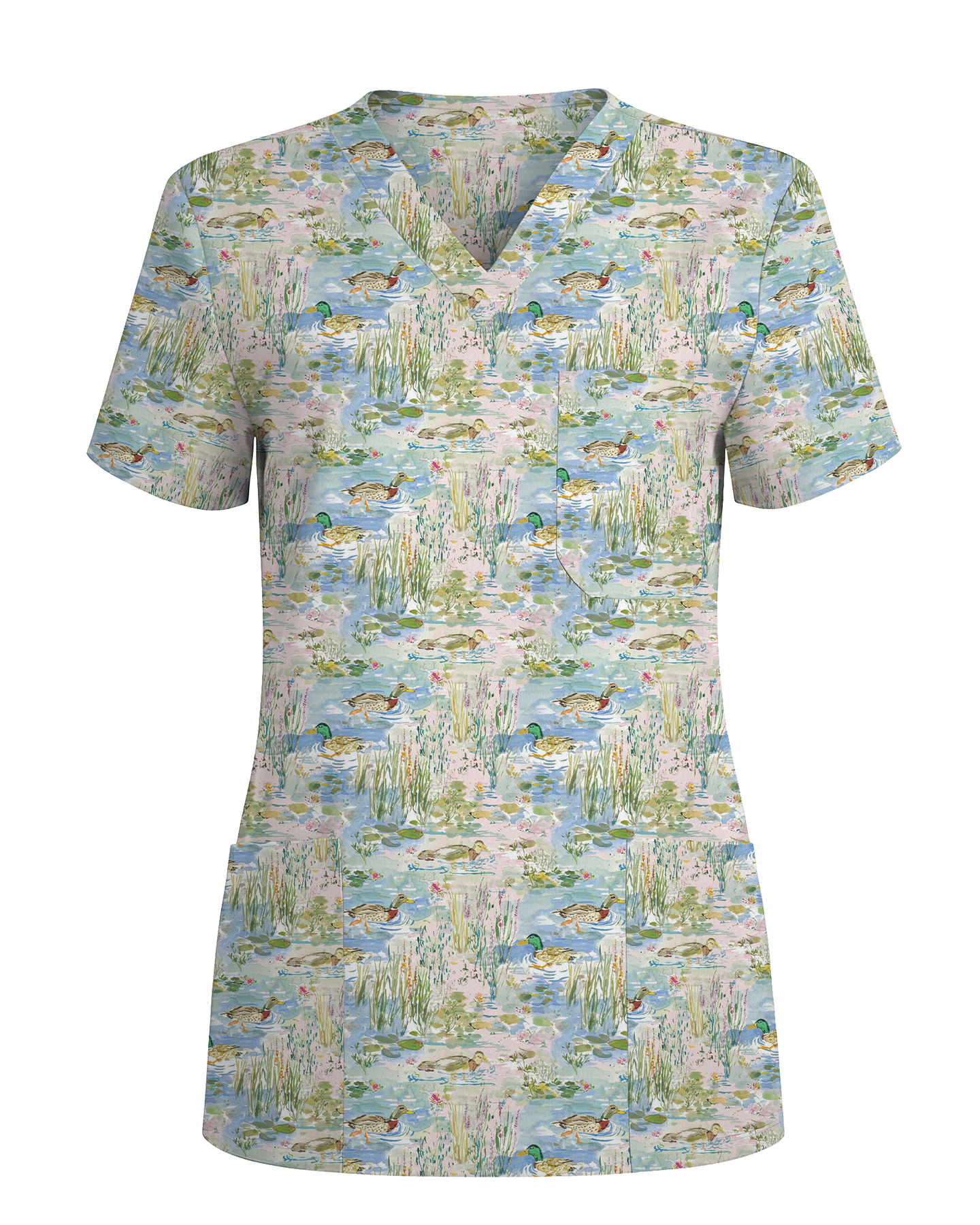 Watercolor Mallard Duck Pond Nurse Scrub Top - Scrubloop