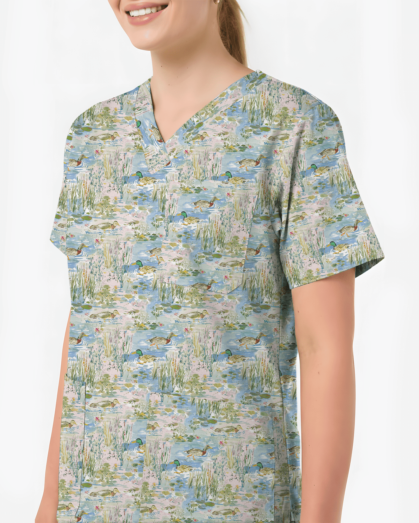 Watercolor Mallard Duck Pond Nurse Scrub Top - Scrubloop